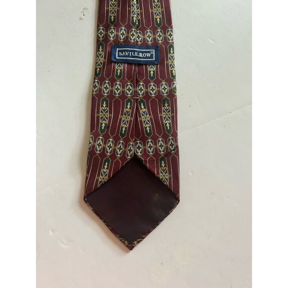 Savile Row Tie 100% Silk Men's Geometric Pattern Wine Burgundy Gold Blue - Picture 3 of 6